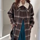 Furry-collar Plaid Duffle Coat Brown - One Size