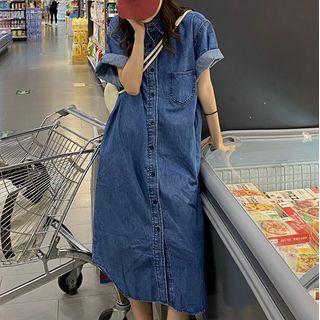 Short-sleeve Denim Midi Shirtdress Blue - One Size