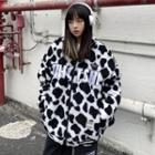 Cow Print Letter Embroidered Faux Shearling Jacket