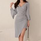 Flare-sleeve Asymmetric Sheath Dress