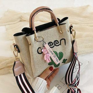 Set: Embroidered Cactus Woven Bucket Bag + Pouch