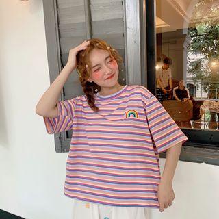 Elbow-sleeve Embroidered Rainbow Striped T-shirt