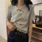 Asymmetric Buttoned Short-sleeve Plain Knit Top