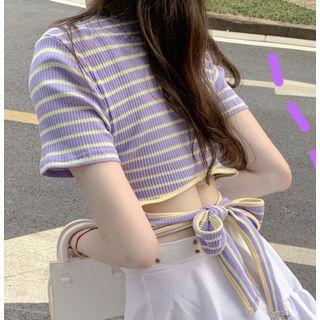 Striped Short-sleeve Cropped T-shirt / Mini A-line Skirt