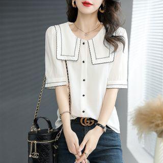 Short-sleeve Collar Contrast Trim Blouse