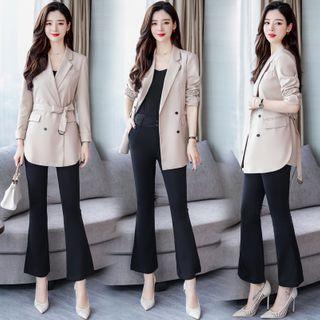 Plain Double-breasted Blazer With Belt