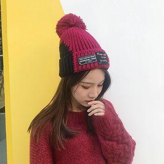 Bobble Two-tone Applique Knit Beanie