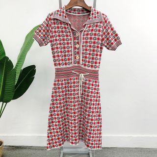Short-sleeve Drawstring Patterned Knit Dress