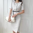 Set: Elbow-sleeve Square Neck Button-up Top + Pencil Skirt