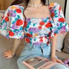 Puff-sleeve Flower Print Blouse Red & White - One Size