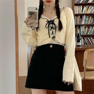 Long-sleeve Ruffled Lace-up Crop Top