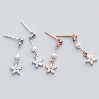 925 Sterling Silver Faux Pearl Rhinestone Flower Dangle Earring