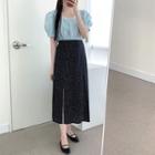 Short-sleeve Plain Blouse / Dotted A-line Midi Skirt