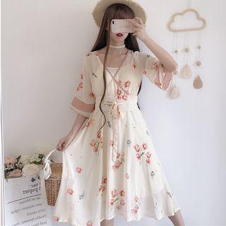 Set: Floral Elbow-sleeve Chiffon Dress + Spaghetti Strap Dress + Belt As Shown In Figure - One Size