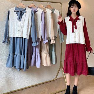 Long-sleeve Tie Neck Midi A-line Dress / Knit Vest