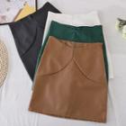 Asymmetrical Faux Leather Plain High-waist Skirt