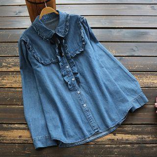Frill Trim Denim Shirt Denim Blue - One Size