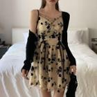 Spaghetti Strap Floral Print Ruffled A-line Dress / Cardigan
