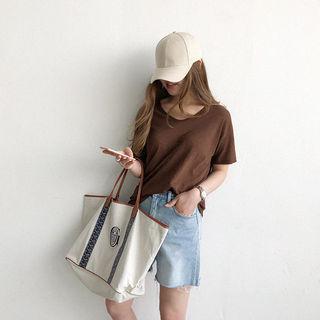 Plunge-neck Plain Linen T-shirt
