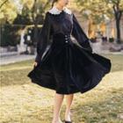 Set: Lace Collar Long-sleeve Velvet Blouse + Midi A-line Velvet Skirt