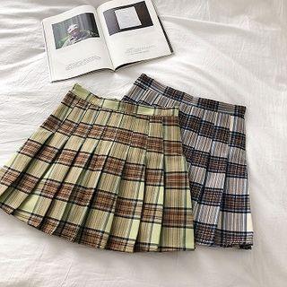 Color-block Plaid High-waist Pleated A-line Skirt