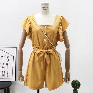 Set: Square-neck Crop Shirt + Shorts With Sash