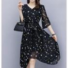 Star Print Bell-sleeve Midi A-line Chiffon Dress