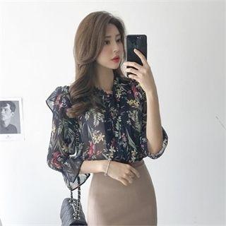 Tie-neck Frilled Botanical Chiffon Blouse