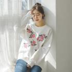 Drop-shoulder Rose-embroidered Sweatshirt