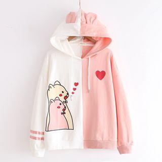 Color Block Bear Print Hoodie