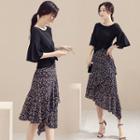 Set: Elbow-sleeve Top + Printed Asymmetric-hem Skirt