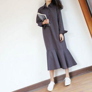 Checked Long-sleeve Midi Collared Dress
