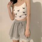 Butterfly Print Drawstring Cropped Camisole Top / Lace Trim Drawstring Wide Leg Sweatshorts