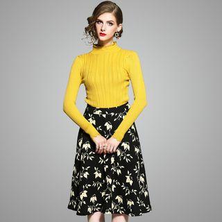 Set: Mock Collar Sweater + Floral A-line Skirt