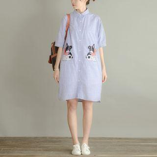 Dog Embroidered Striped Short-sleeve Shirt Dress