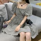 Puff-sleeve Square Neck Gingham Mini A-line Dress Gingham - Black & White - One Size