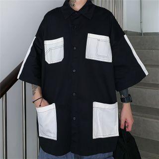 Contrast Stitching Multi-pocket Short-sleeve Shirt