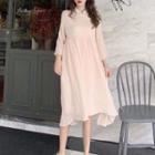 Long-sleeve Plain Ruffled Dress Dress - One Size