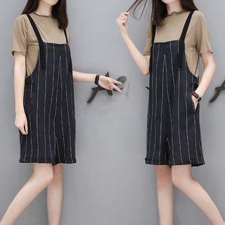Set: Plain Short Sleeve T-shirt + Striped Pinafore Playsuit