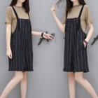 Set: Plain Short Sleeve T-shirt + Striped Pinafore Playsuit