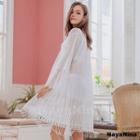 Bell-sleeve Lace Panel Striped Cover-up White - One Size