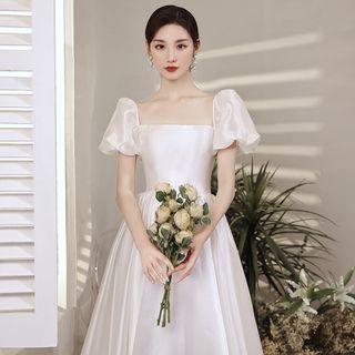 Short-sleeve Square Neck A-line Evening Gown