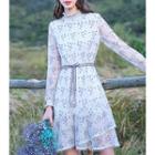 Long-sleeve Lace Printed A-line Mini Dress