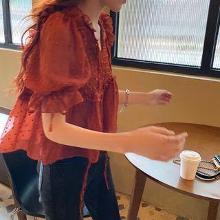 Short-sleeve Tie-neck Chiffon Blouse Red - One Size