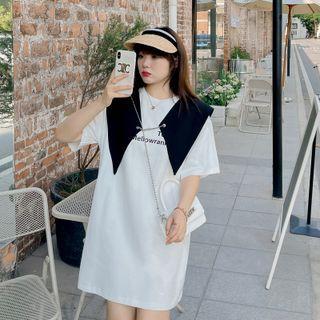 Set: Elbow-sleeve Lettering Print T-shirt + Detachable Collar