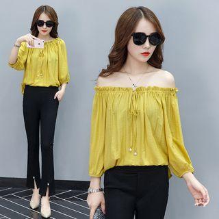 Set: Off-shoulder Top + Boot-cut Pants