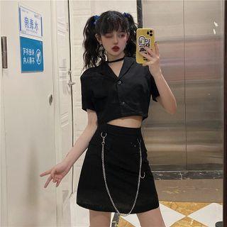 Short-sleeve Open-collar Crop Shirt / Mini Pencil Skirt