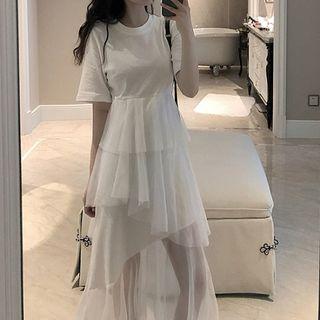 Asymmetric Plain Crewneck Short-sleeve Panel Mesh Dress