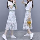 Set: Short-sleeve Printed T-shirt + Floral Midi Skirt