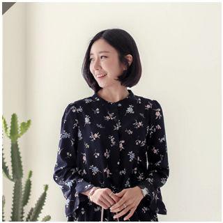 Mandarin-collar Floral Print Midi Dress